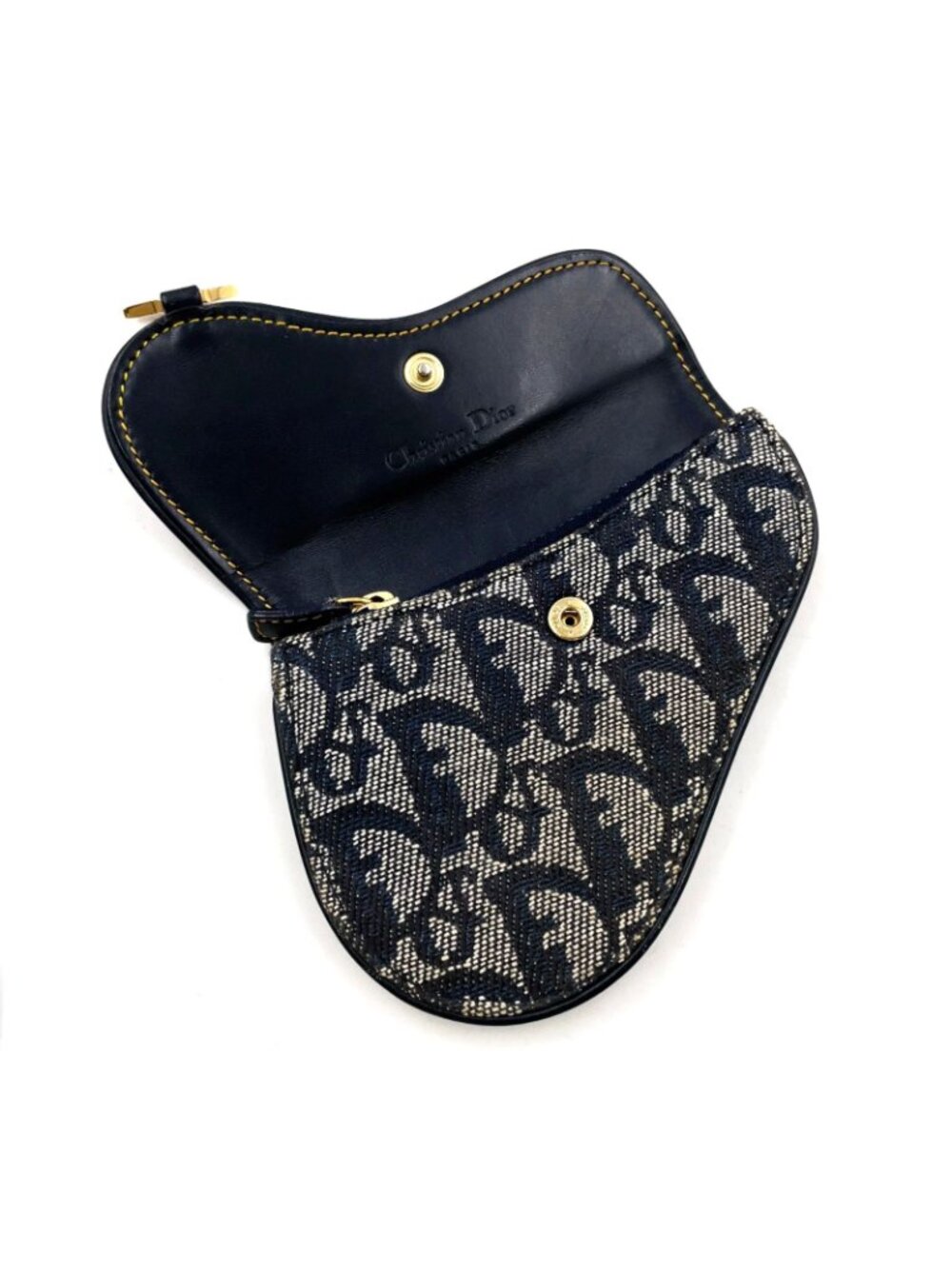 Dior Trotter Saddle Pouch Leather Canvas Navy Coin Case Gold - Picture 3 of 15
